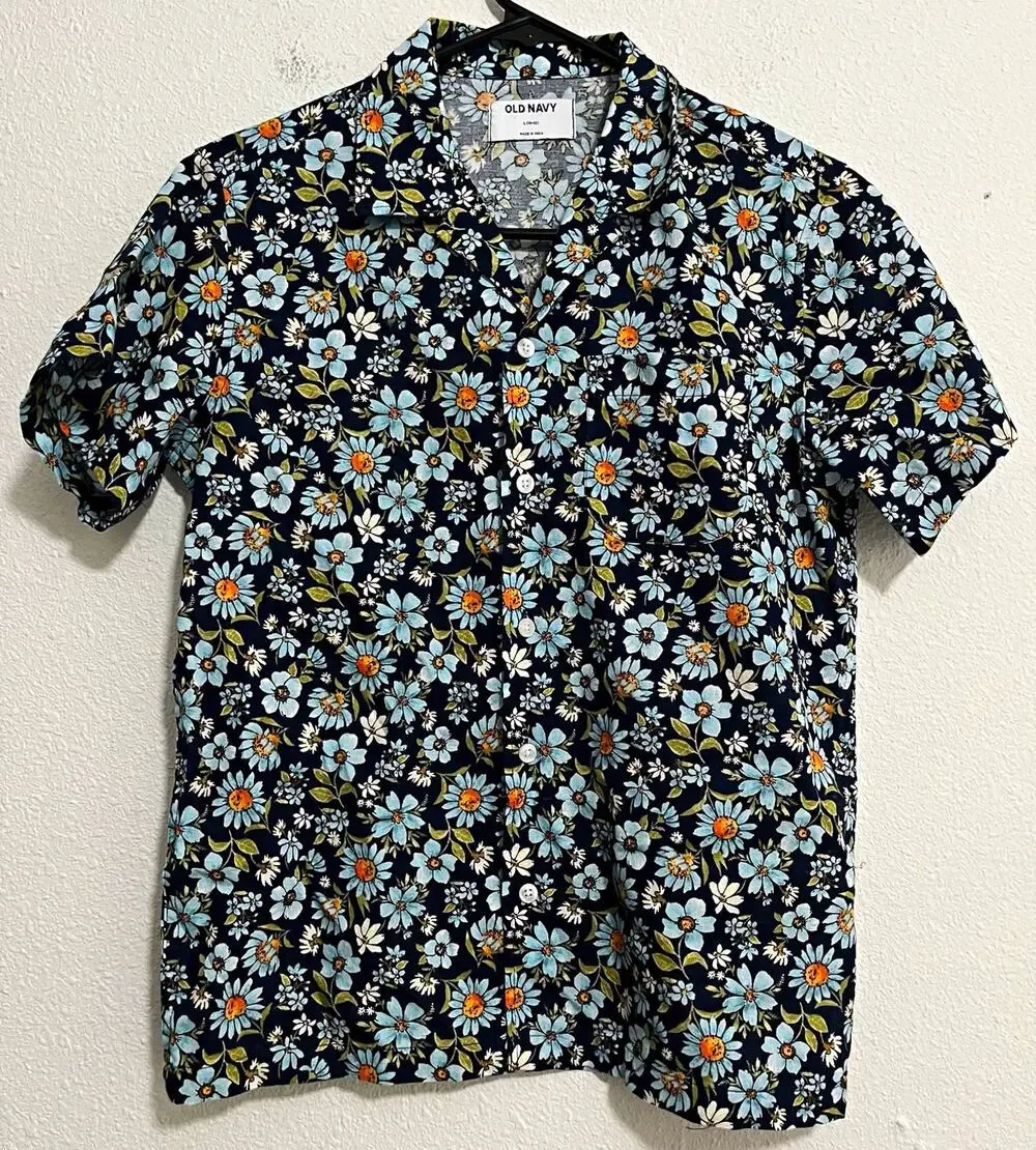 Old Navy Boys L (10-12) Black Floral Collared Short Sleeve Button-Up